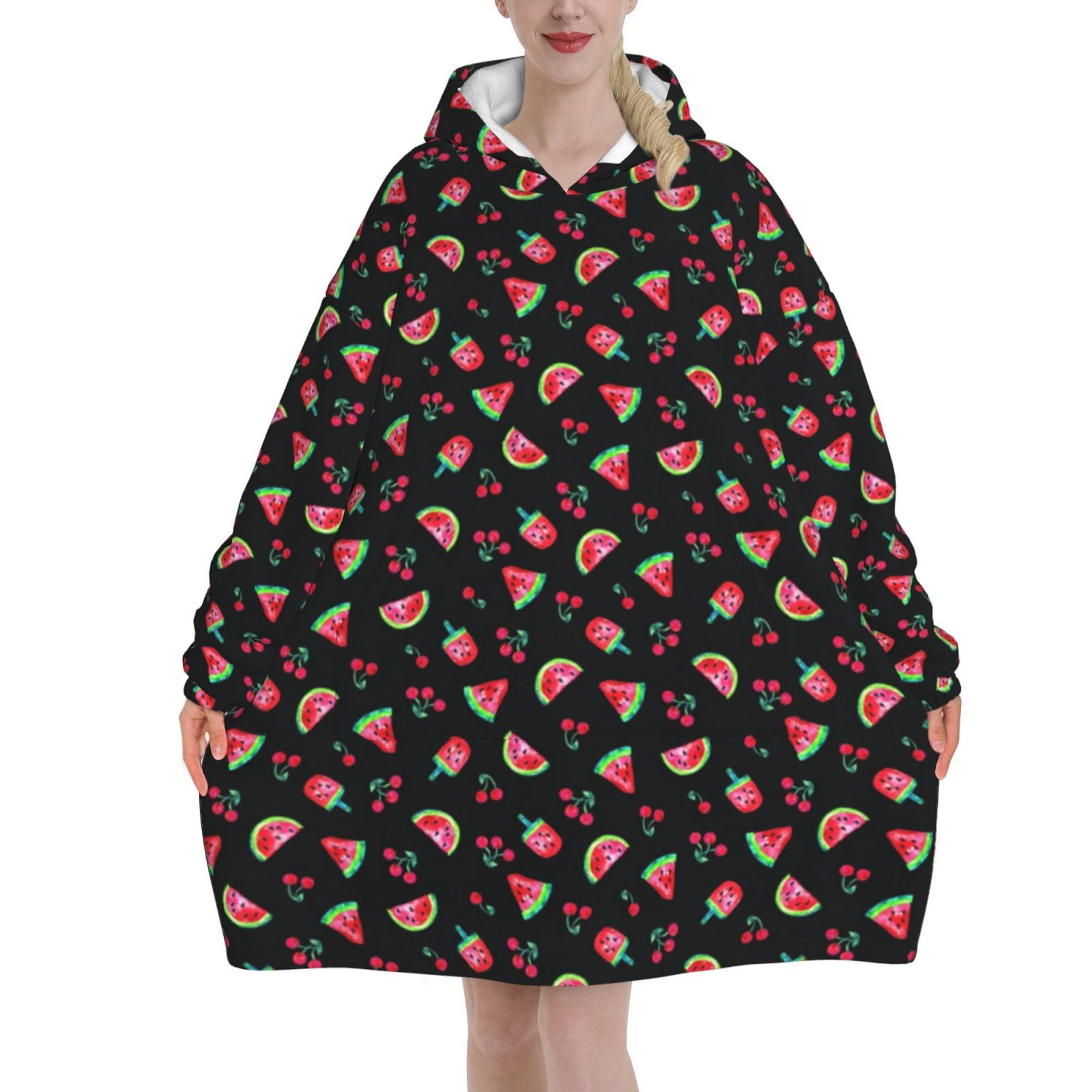 Watermelons Cherries Black Oversized Blanket Hoodie Wearable Blanket