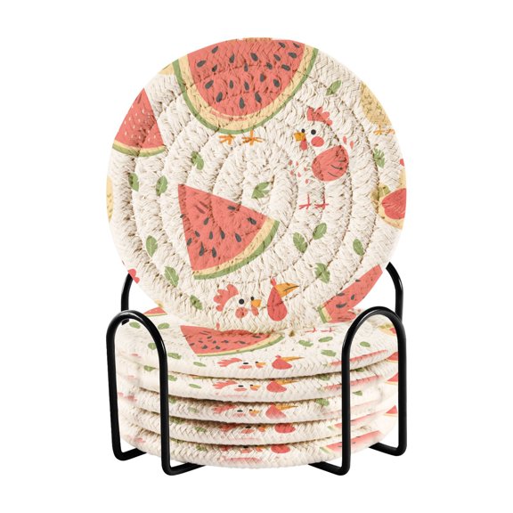 Watermelons Leaves Cartoon Chickens Drinking Coasters Cup Mat with Holder for Kitchen Cafe Bar 6 Packs