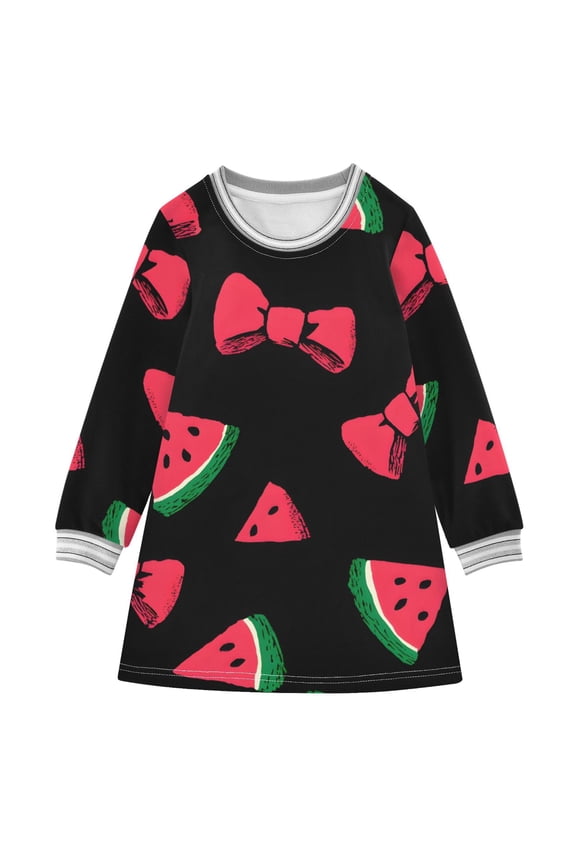 Watermelons with Red Bows Long-sleeved Dress A-line One-Piece Dress for 2-8 Years Casual Party 2T