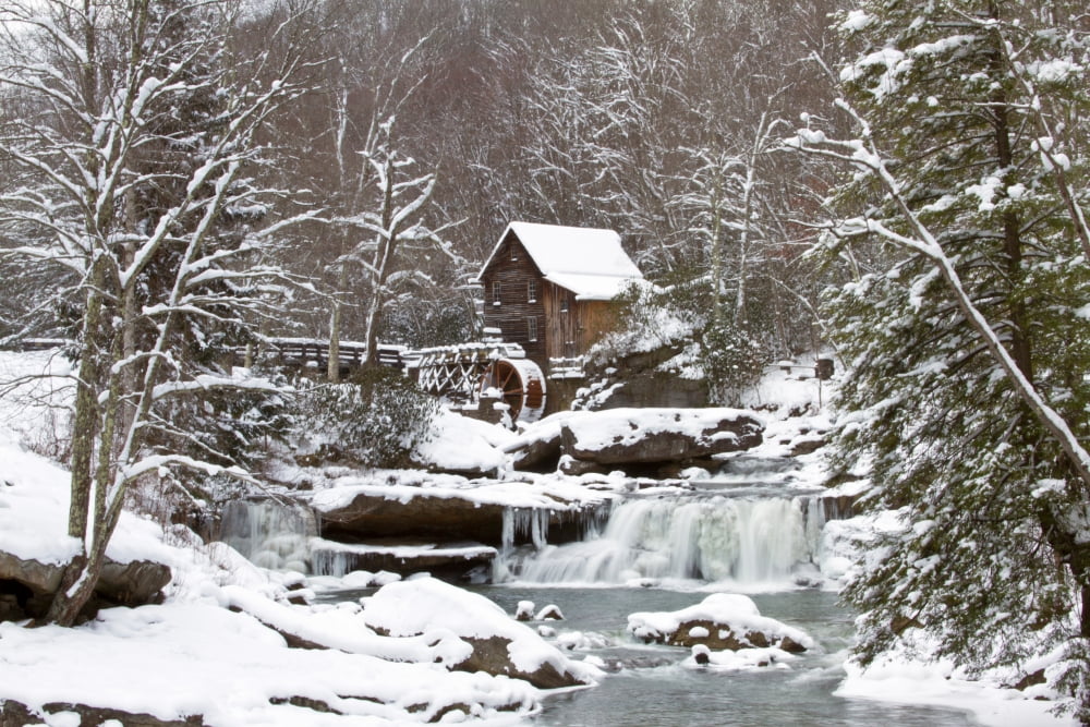 Watermill in a forest in winter Glade Creek Grist Mill Babcock State Park Fayette County West Virginia USA Canvas Art - Panoramic Images (18 x 24)