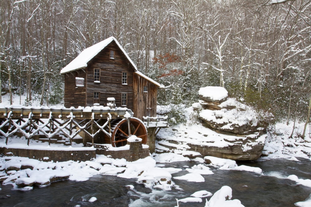 Watermill in a forest in winter Glade Creek Grist Mill Babcock State Park Fayette County West Virginia USA Canvas Art - Panoramic Images (24 x 36)