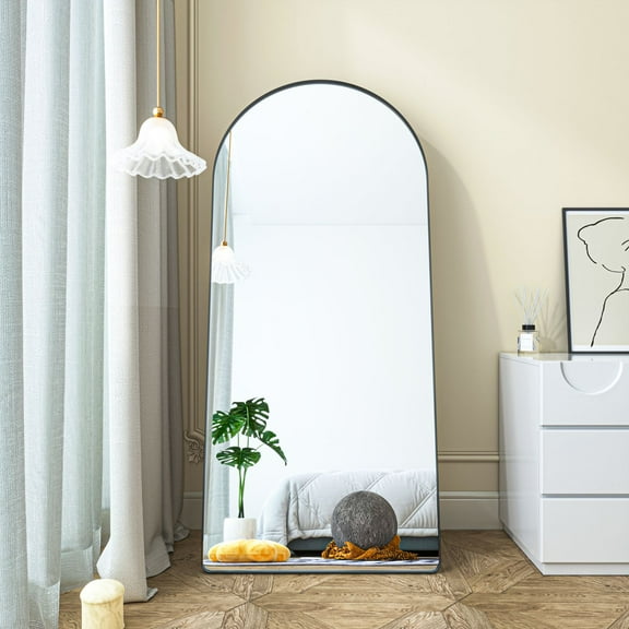Waterpar 32" x 71" Arched Black Aluminum Alloy Framed Wall Mirror, Free Standing Floor Mirror