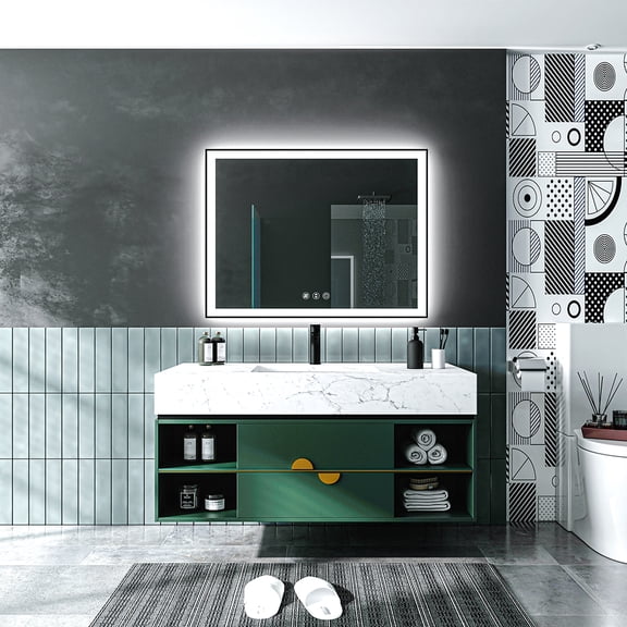Waterpar 60 in. W x 30 in. H Rectangular Framed LED Anti-Fog Wall Bathroom Vanity Mirror in Black with Backlit and Front Light