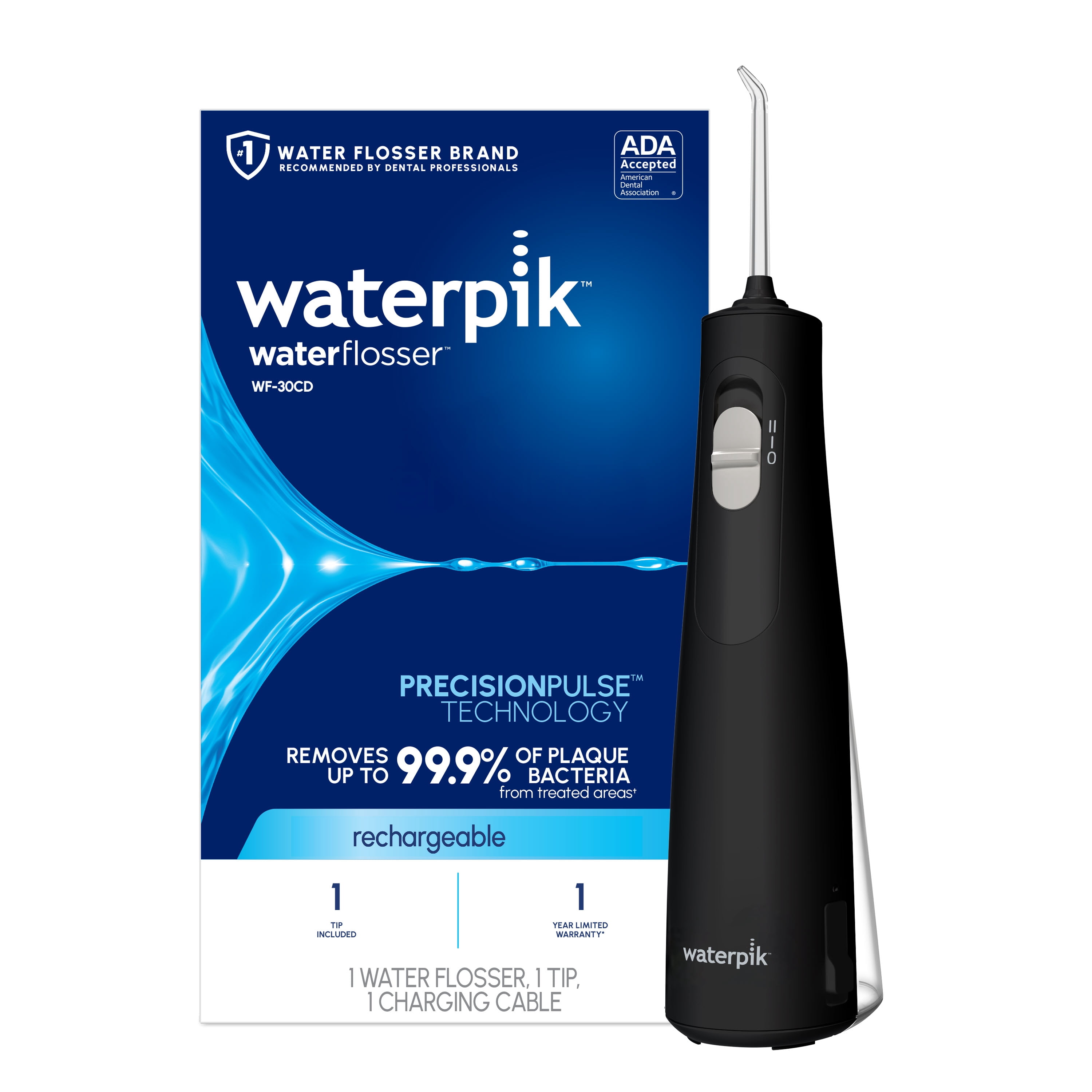 Waterpik Cordless 1100 Rechargeable Portable Water Flosser with 2 Settings, ADA Accepted, Black