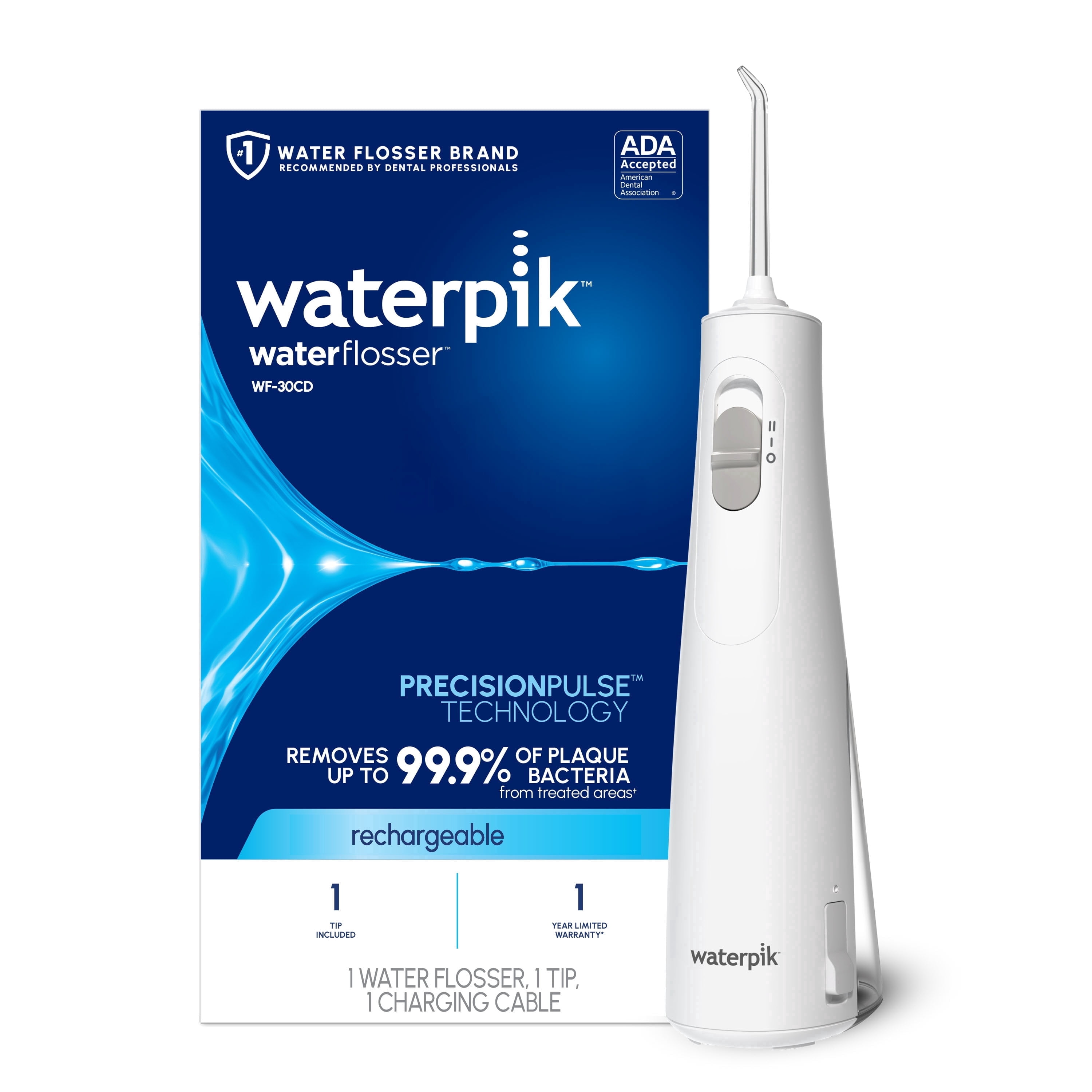 Waterpik Cordless 1100 Rechargeable Water Flosser with 2 Settings, ADA Accepted, White