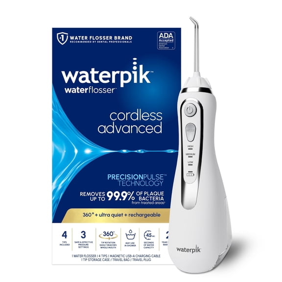Waterpik Cordless Advanced 2.0 Water Flosser with 3 Settings, 4 Tips & Travel Bag, ADA Accepted, White