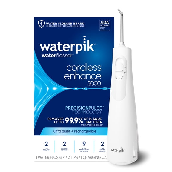 Waterpik Cordless Enhance 3000 Water Flosser with 2 Settings, 2 Tips, ADA Accepted, White, Tips and Packaging May Vary
