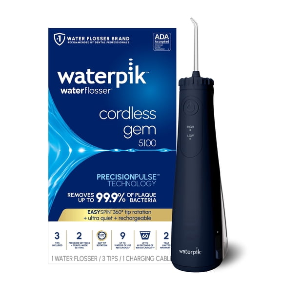 Waterpik Cordless Gem 5100 Rechargeable Portable Water Flosser with 2 Settings and Easy Spin Tip Rotation, ADA Accepted, Blue