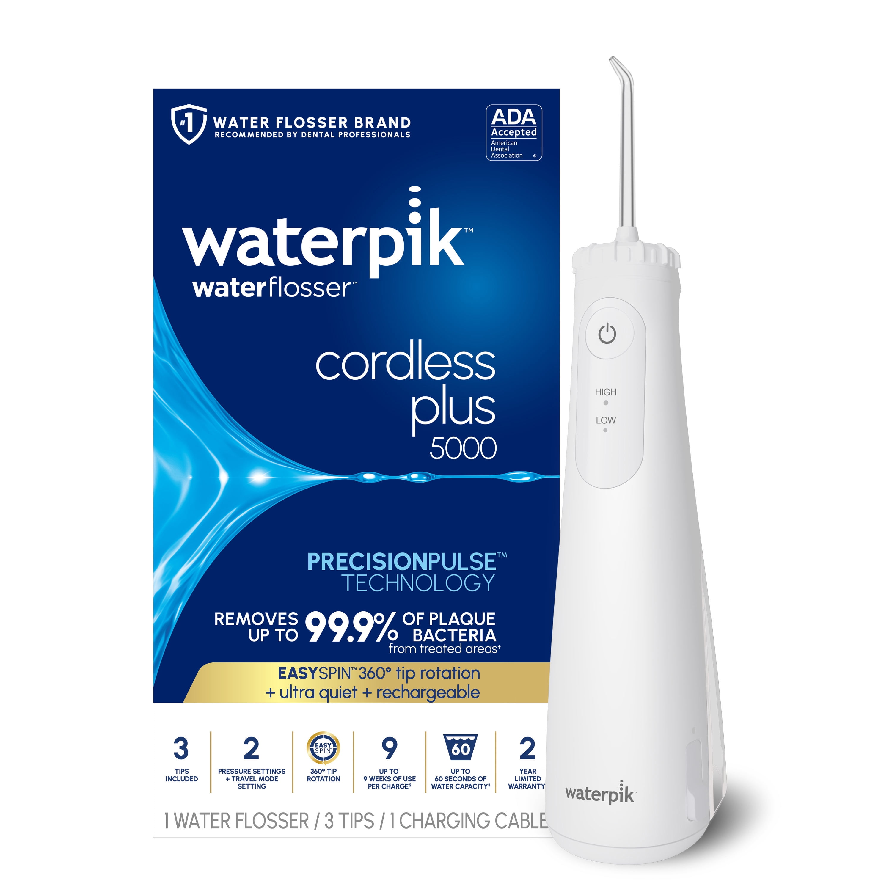 Waterpik Cordless Plus 5000 Water Flosser with 2 Settings, 3 Tips, ADA Accepted, White