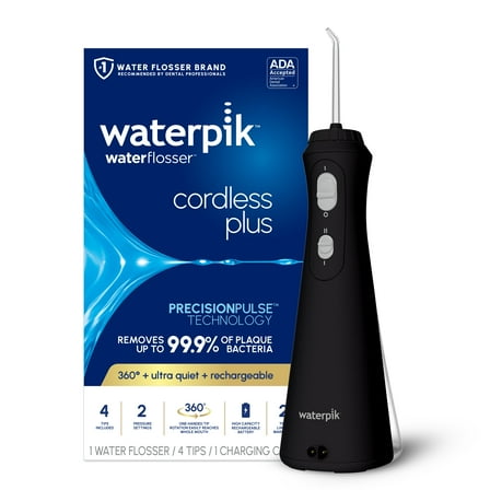 Waterpik Cordless Plus Water Flosser with 2 Settings, 4 Tips, ADA Accepted, Black