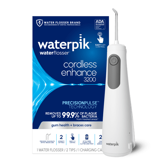 Waterpik Cordless Enhance 3200 Water Flosser with 2 Settings, 2 Tips, ADA Accepted, White