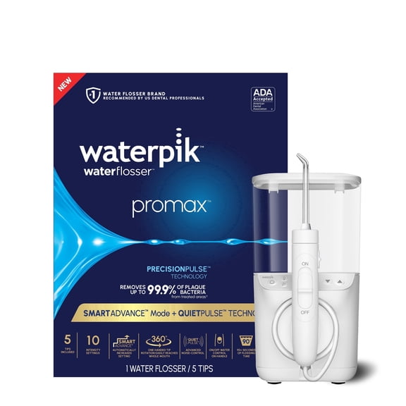 Waterpik Promax Water Flosser, 10 Settings with Smart Advance Mode, Small Quiet Design, 5 Tips, ADA Approved