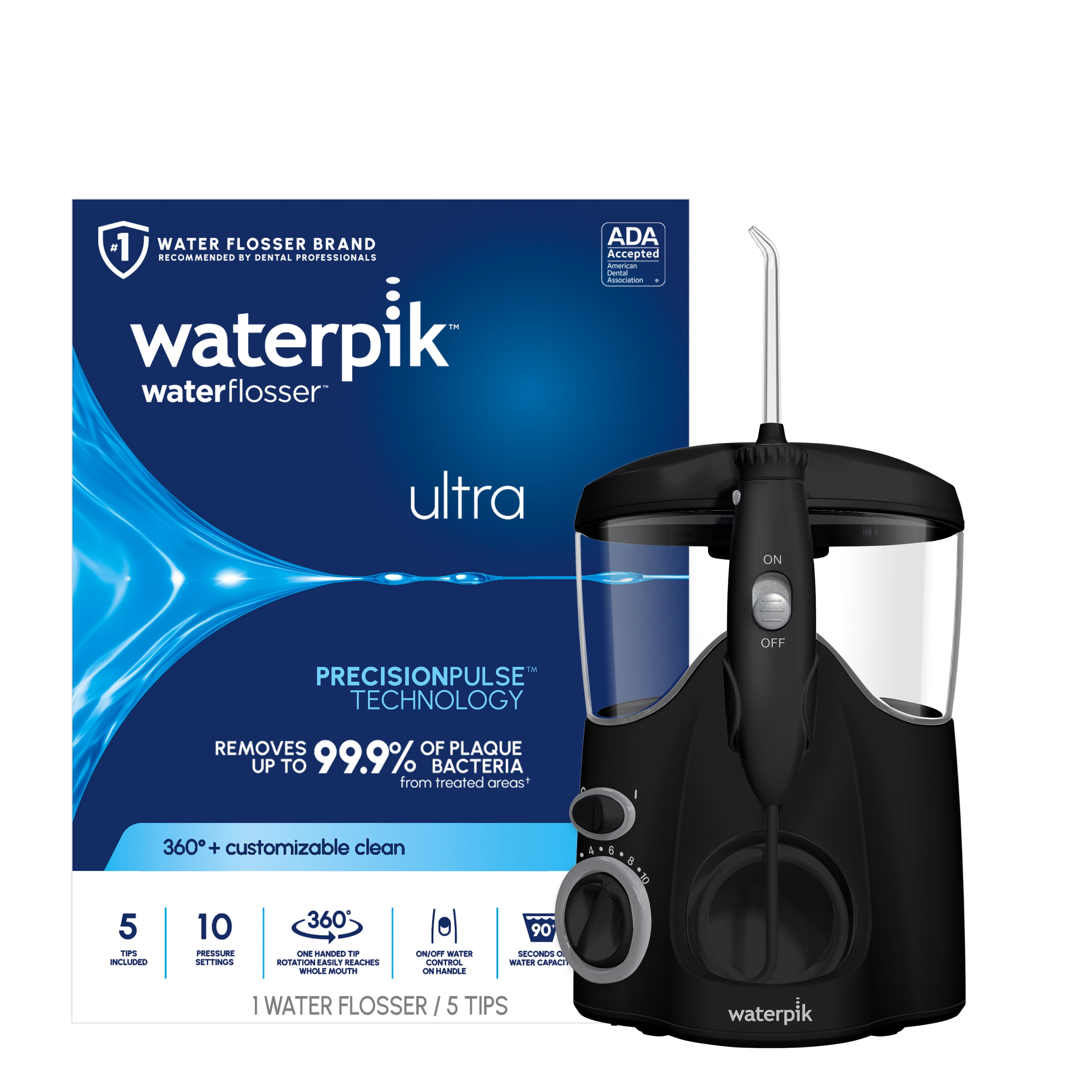 Waterpik Ultra Water Flosser with 10 Settings, 5 Tips, ADA Accepted, Black