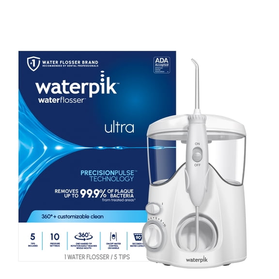 Waterpik Ultra Water Flosser with 10 Settings, 5 Tips, ADA Accepted, White