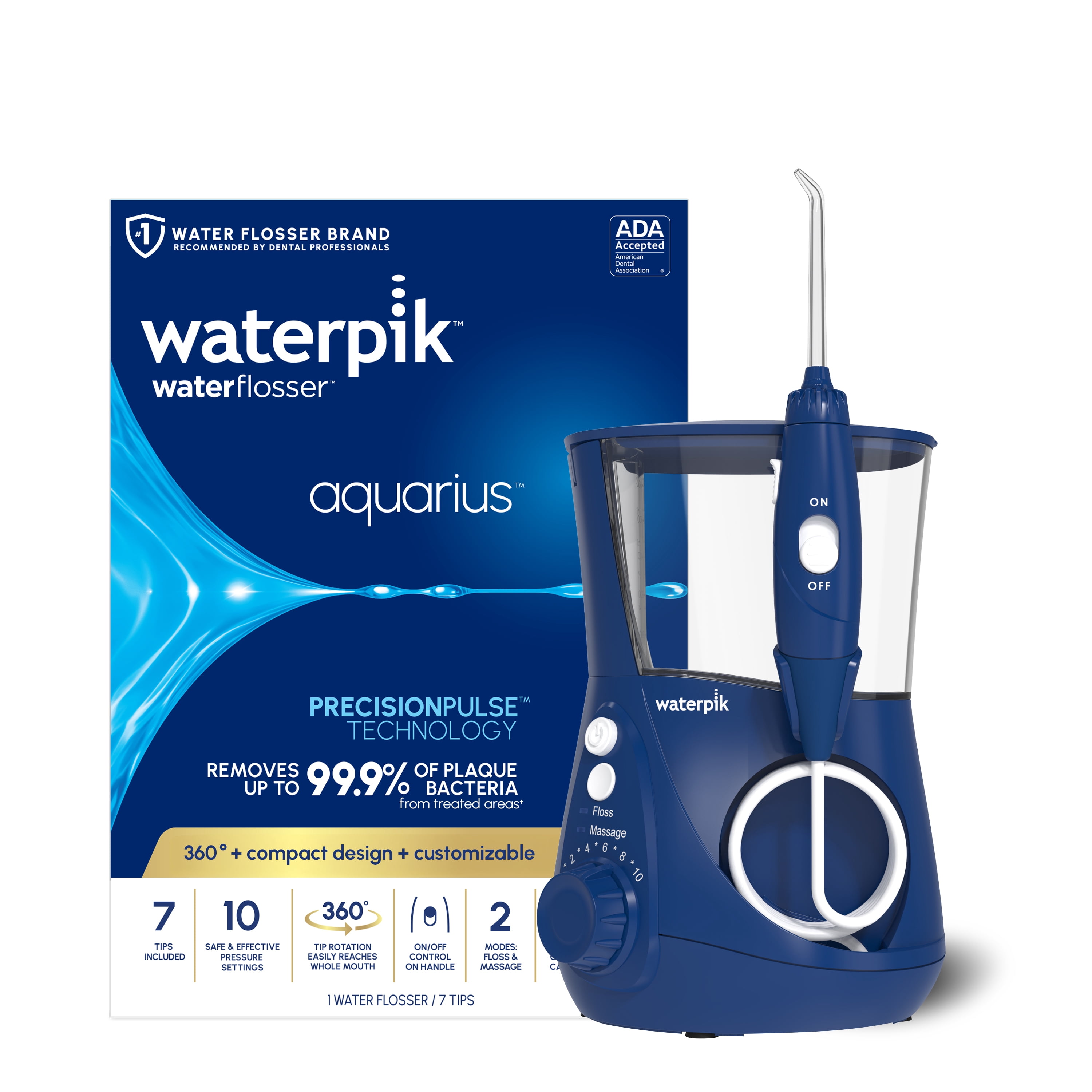 Waterpik Aquarius Water Flosser with 10 Settings, 7 Tips, ADA Accepted, Blue