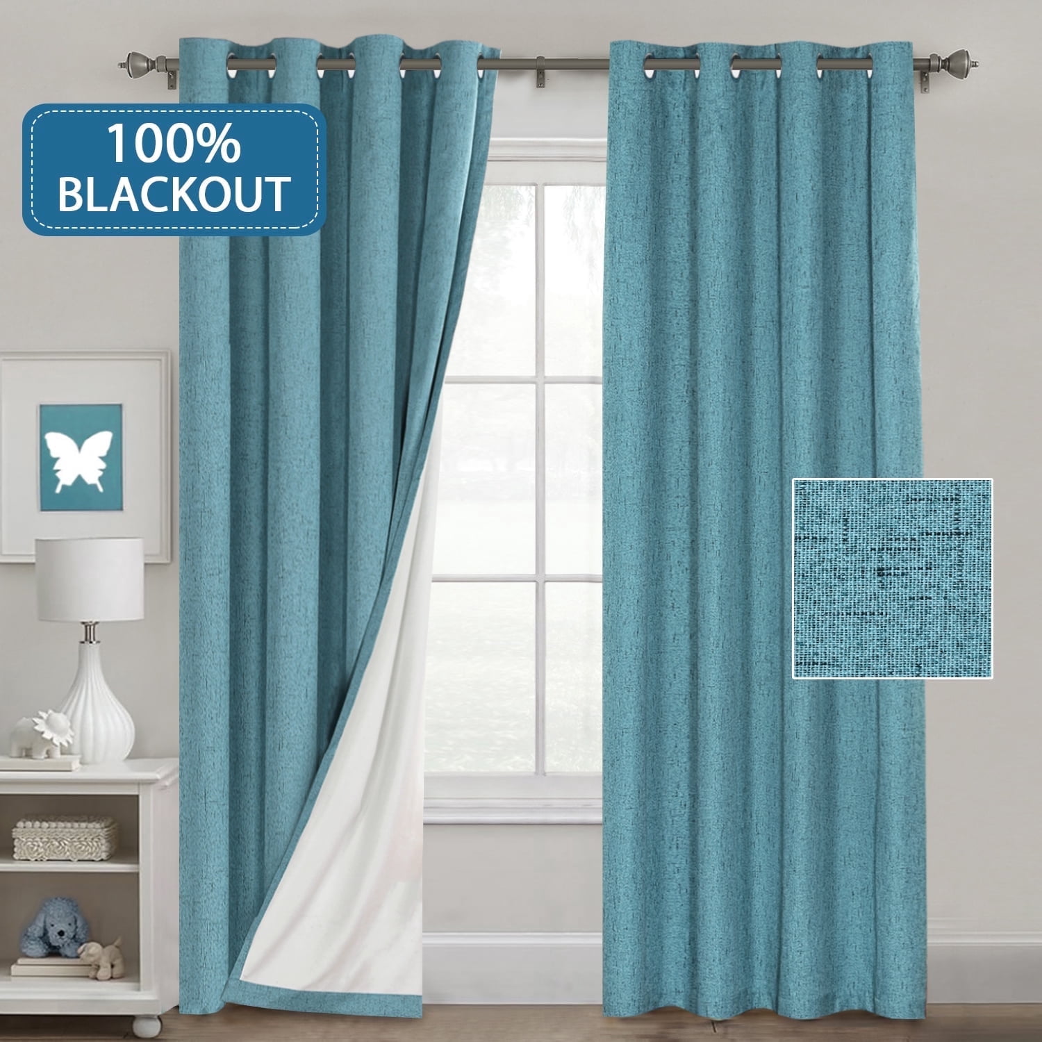 Waterproof 100% Blackout Curtains For Bedroom Linen Look Lined Curtains For Living Room Anti Rust Grommet Window Curtains 2 Panels (52 By 96 - Inch, Teal)