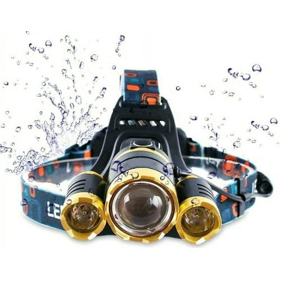 Waterproof 10000 Lumen 3 Led Headlamp XML T6 Head Lamp Powerful Led Headlight, Rechargeable Flashlight Head Lights for Camping, Hiking, Outdoors (Gold) (Gold)