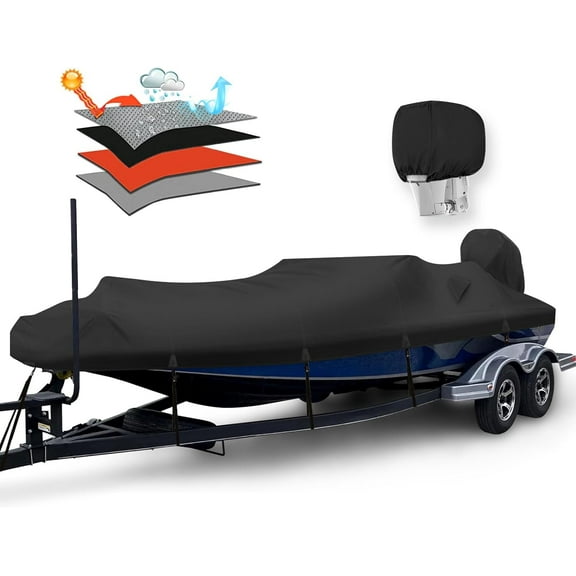 Waterproof 1200D PU Boat Cover with Motor Cover, Heavy Duty Marine Grade Trailerable Polyester Canvas, Fits 14-16ft V-Hull, Runabout, Fishing, Ski Boat with Straps, Black