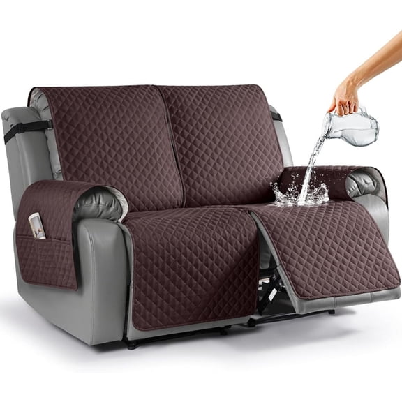 Waterproof 2-Seater Recliner Loveseat Cover, Split Sofa Slipcover with Elastic Straps and Non-Slip Backing, Washable Furniture Protector for Kids and Pets,Coffee
