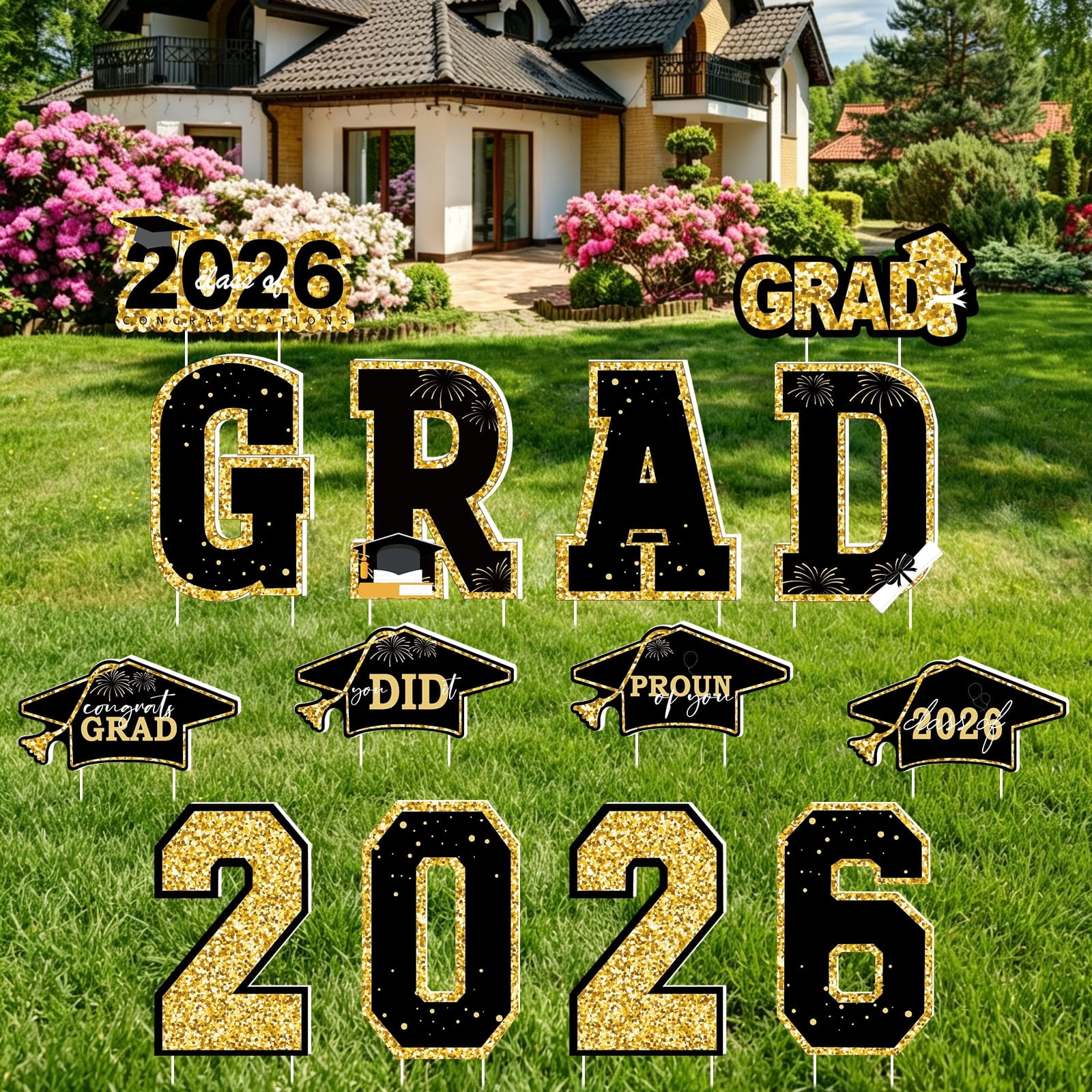 CJLWAL Waterproof Graduation Yard Signs Set 16 Inches Black and Gold ...