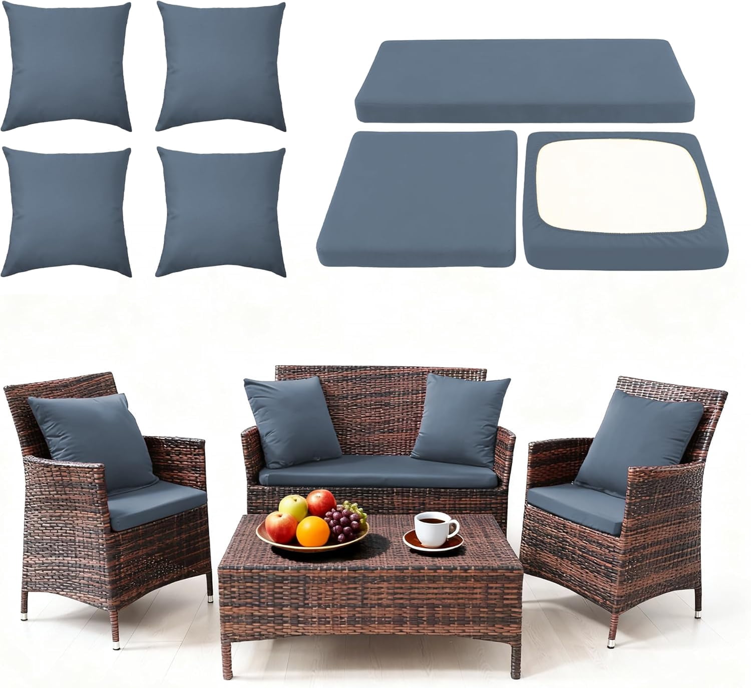 Waterproof 3-Piece Patio Sofa Cushion Cover Set - Replacement Covers for Outdoor Wicker Furniture, Bench & Seat Cushions with 4pcs Throw Pillow Cover
