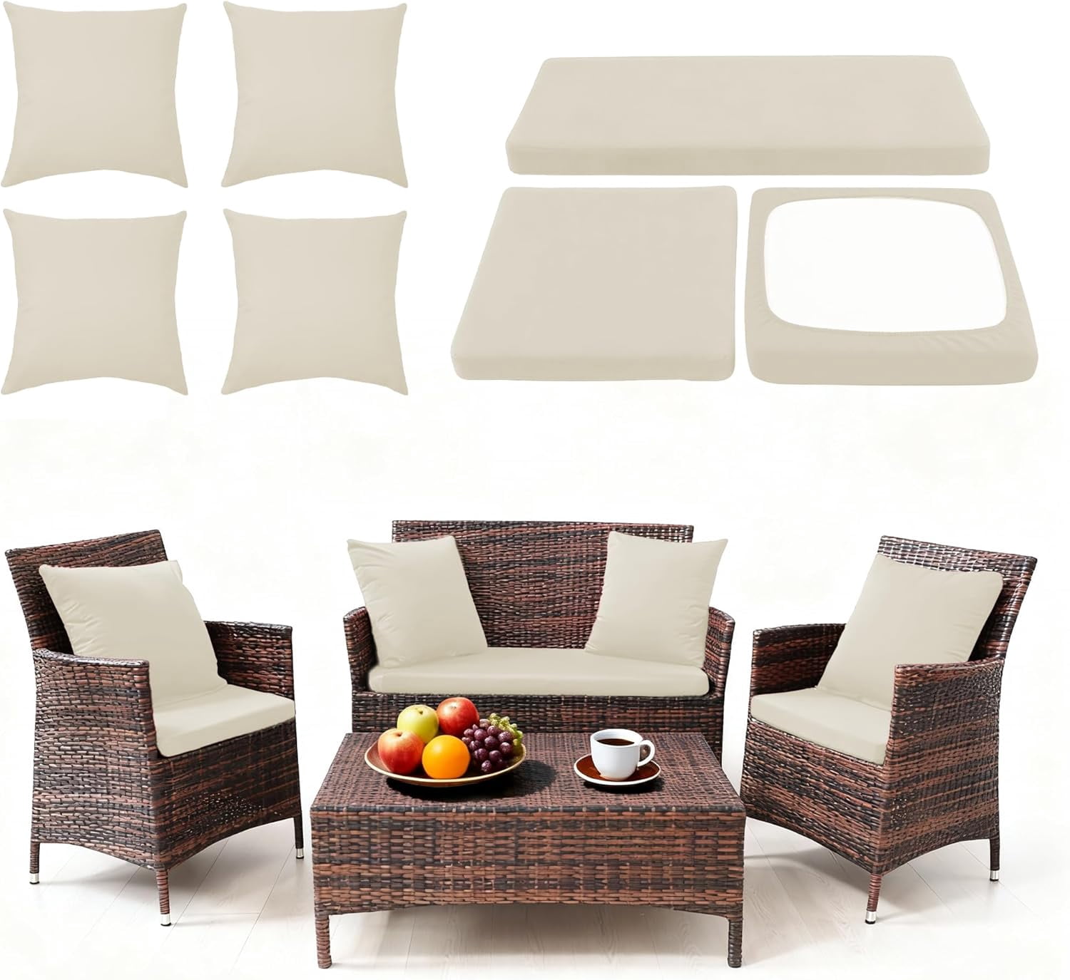 Waterproof 3-Piece Patio Sofa Cushion Cover Set - Replacement Covers for Outdoor Wicker Furniture, Bench & Seat Cushions with 4pcs Throw Pillow Cover