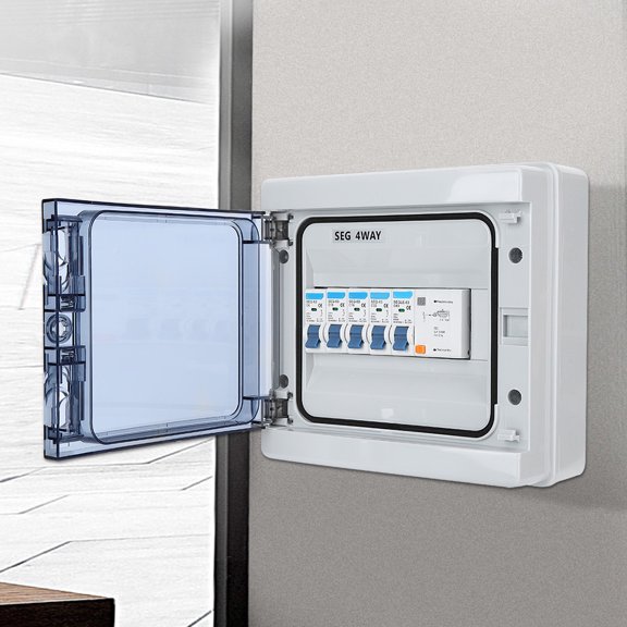 Waterproof 4 Way Circuit Breaker Box 63A 30mA RCD with 4 MCB, Protective Power Distribution Controller (7.9 x 8.3 x 3.5 in / 20 x 21 x 9 cm)
