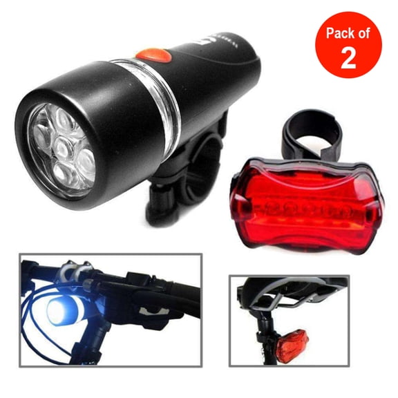Waterproof 5 LED 2 in 1 Lamp Bike Cycle Bicycle Front Headlight Torch and Battery Powered Rear Safety Warning Flashlight Tail Light - pack of 2