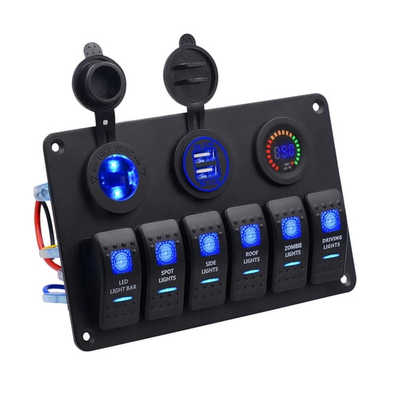 Waterproof 6 Gang Vehicle Switches Panel with Double USB Ports Electric Meter Electrical Control Panel ABS for Unpaved Use