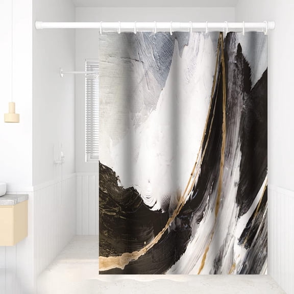 Waterproof Abstract Fabric Shower Curtain Ink Art Painting Shower Curtain Cloth for Bathroom Black White Gold Modern Cloth Shower Curtains for Bathroom Decoration with Hooks 72x72 inches