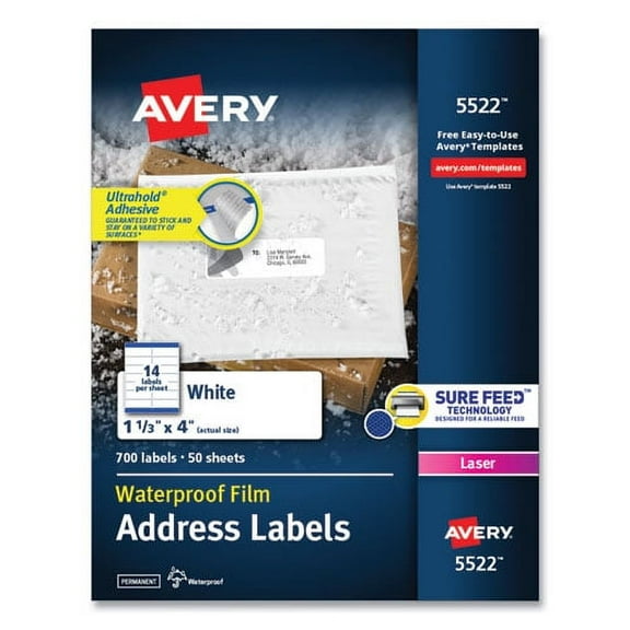 "Waterproof Address Labels With Trueblock And Sure Feed, Laser Printers, 1.33 X 4, White, 14/sheet, 50 Sheets/pack | Bundle of 2 Packs"