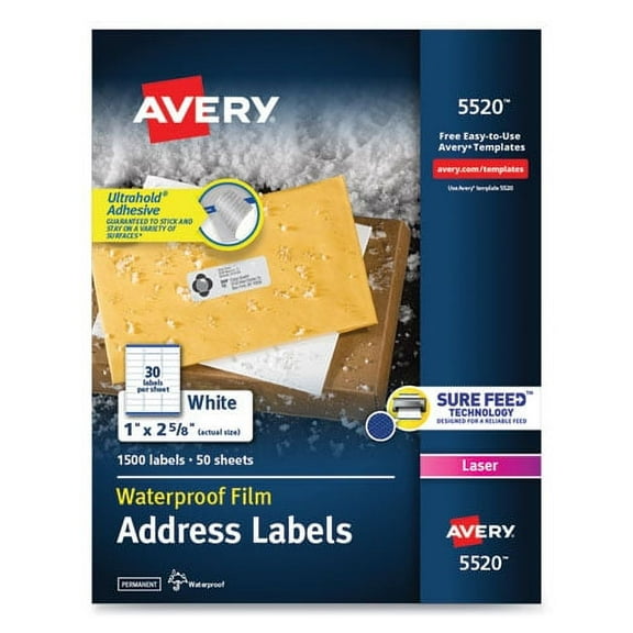 "Waterproof Address Labels With Trueblock And Sure Feed, Laser Printers, 1 X 2.63, White, 30/sheet, 50 Sheets/pack | Bundle of 2 Packs"