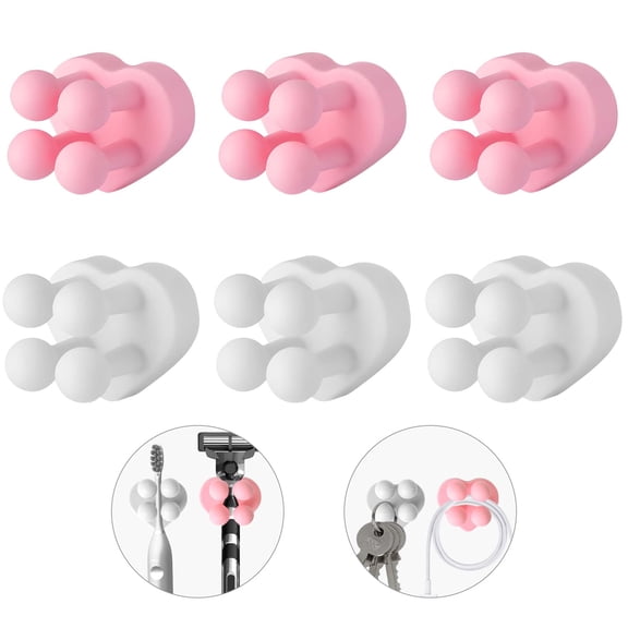 Waterproof Adhesive Multi-Purpose Silicone Hooks - 6 Pack Bathroom Kitchen Wall Hooks for Towels, Toothbrushes, Keys, Cables（Pink & White）