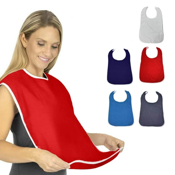 Waterproof Adult Bib for Elderly, Stain Resistant Meal Protector with Adjustable Straps | Polyester, Reusable Washable Clothing Guard, Large 29.5x17.7in, Gray/White/Red/Blue, Easy Clean Dining Aid