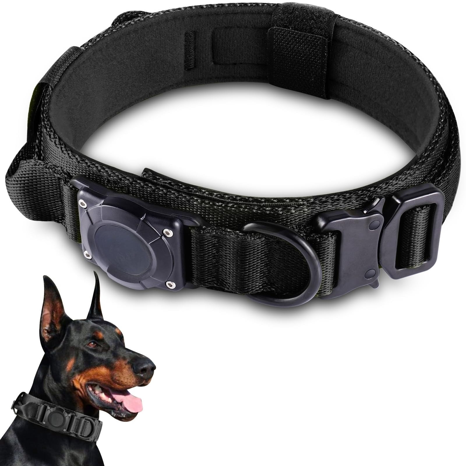 Waterproof AirTag Dog Collar, Military Tactical Collar with AirTag Holder, Comfortable Control Handle & Metal Buckle, GPS Dog Collar Holder for Medium to Large Dogs
