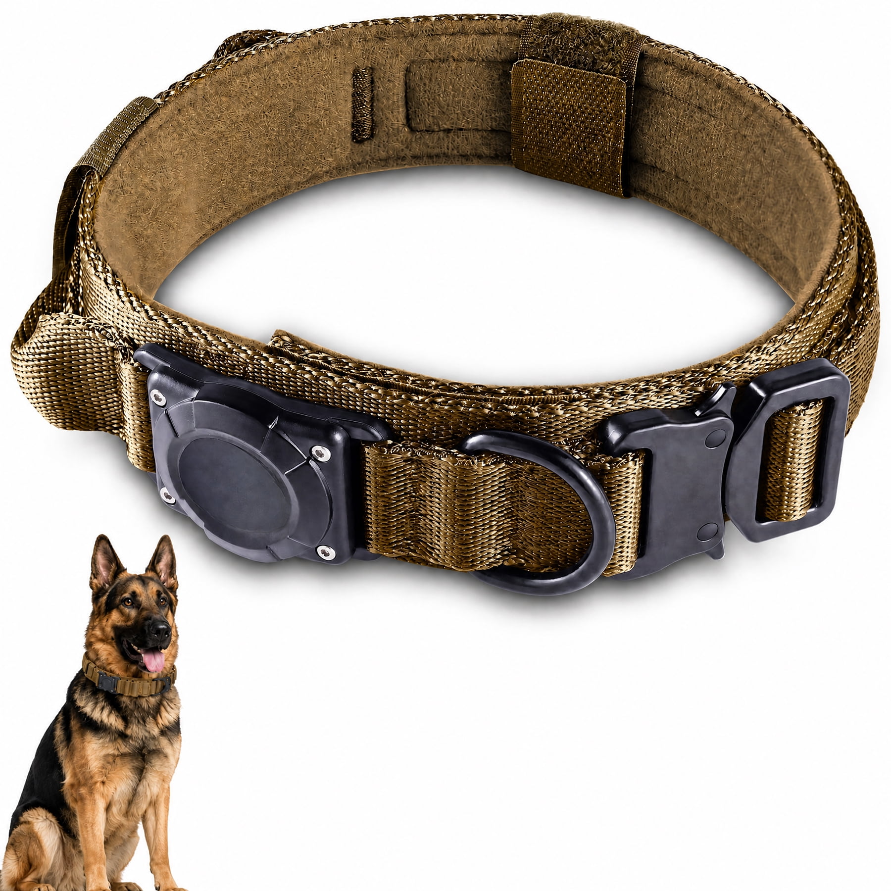 Waterproof AirTag Dog Collar, Military Tactical Collar with AirTag Holder, Comfortable Control Handle & Metal Buckle, GPS Dog Collar Holder for Medium to Large Dogs