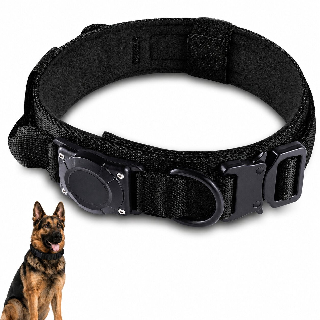 Waterproof AirTag Dog Collar, Military Tactical Collar with AirTag Holder, Comfortable Control Handle & Metal Buckle, GPS Dog Collar Holder for Medium to Large Dogs