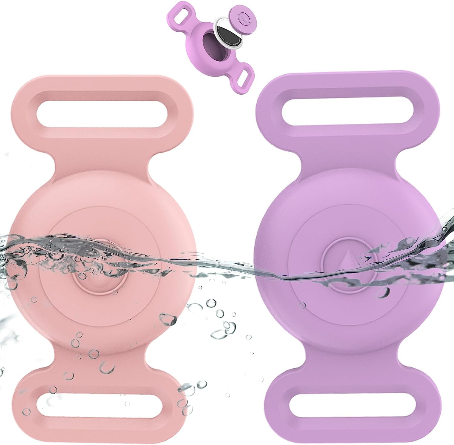 Waterproof Airtag Dog Collar Holder Compatible with Apple AirTag, Silicone Waterproof Air Tag Case for Dog Collar, Anti-Lost AirTag Holder for Pet Cat Dog GPS Tracker (2 Pack, Pink & Purple)