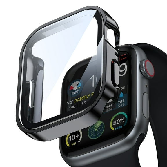 Waterproof Apple Watch Screen Protector Case Series 6/5/4/SE 44mm Accessories, iWatch Protective PC Face Cover Built-in Tempered Glass Film, Sweatproof Bumper for Women Men, 44 mm, Black