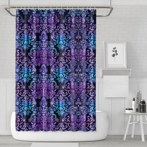 Waterproof Aqua and Purple Damask Pattern Shower Curtain 72x72 Inch Boho Style Polyester Unique Shower Curtain for Bathroom Hotel Home Decor with 12 Plastic Hooks
