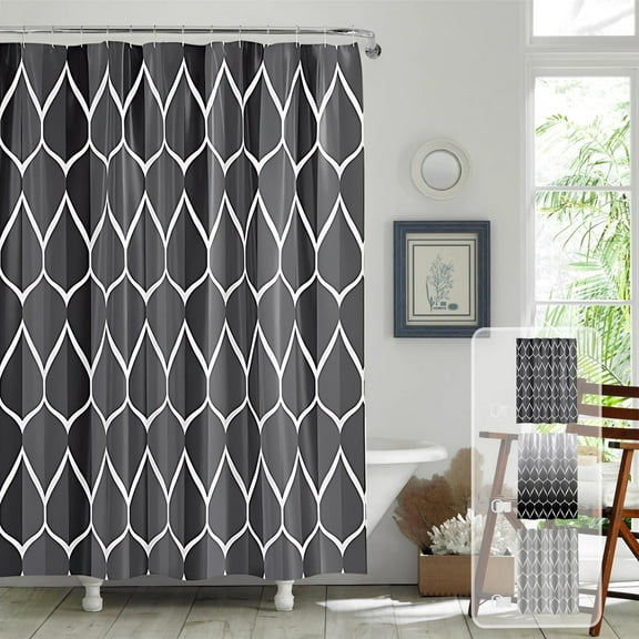 Waterproof Bathroom Shower Curtain | Floral Fabric with Sheer Window Panel, Split Design No Hooks Needed | Liner, Washable, Blue, Modern Partition Door, 1 Curtain + 12 Rings