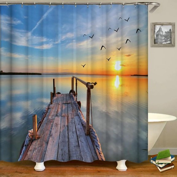 Waterproof Bathroom Shower Curtains Sea Trestle Sunset Dusk Scenery Bath Curtain 3D Printing with Hooks Bathtub Decor Rustic Shower Curtain-36"W x 72"L (Pack of 1)