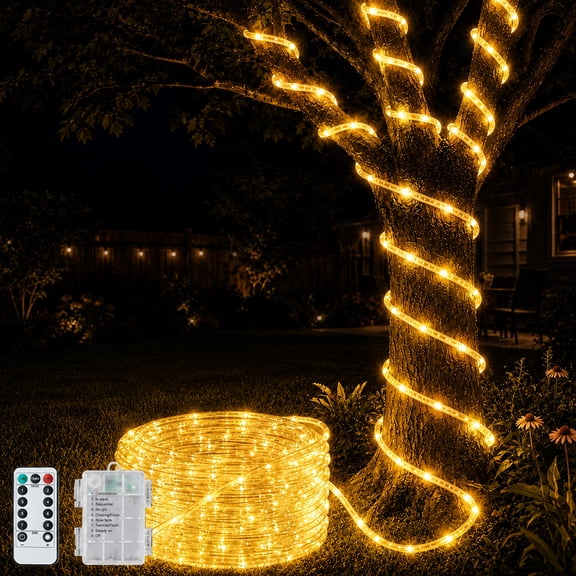 Waterproof Battery Operated Rope Lights,Christmas String Lights with Remote Control for Outdoor Indoor Decorations, Warm White(33FT 100 LEDs)