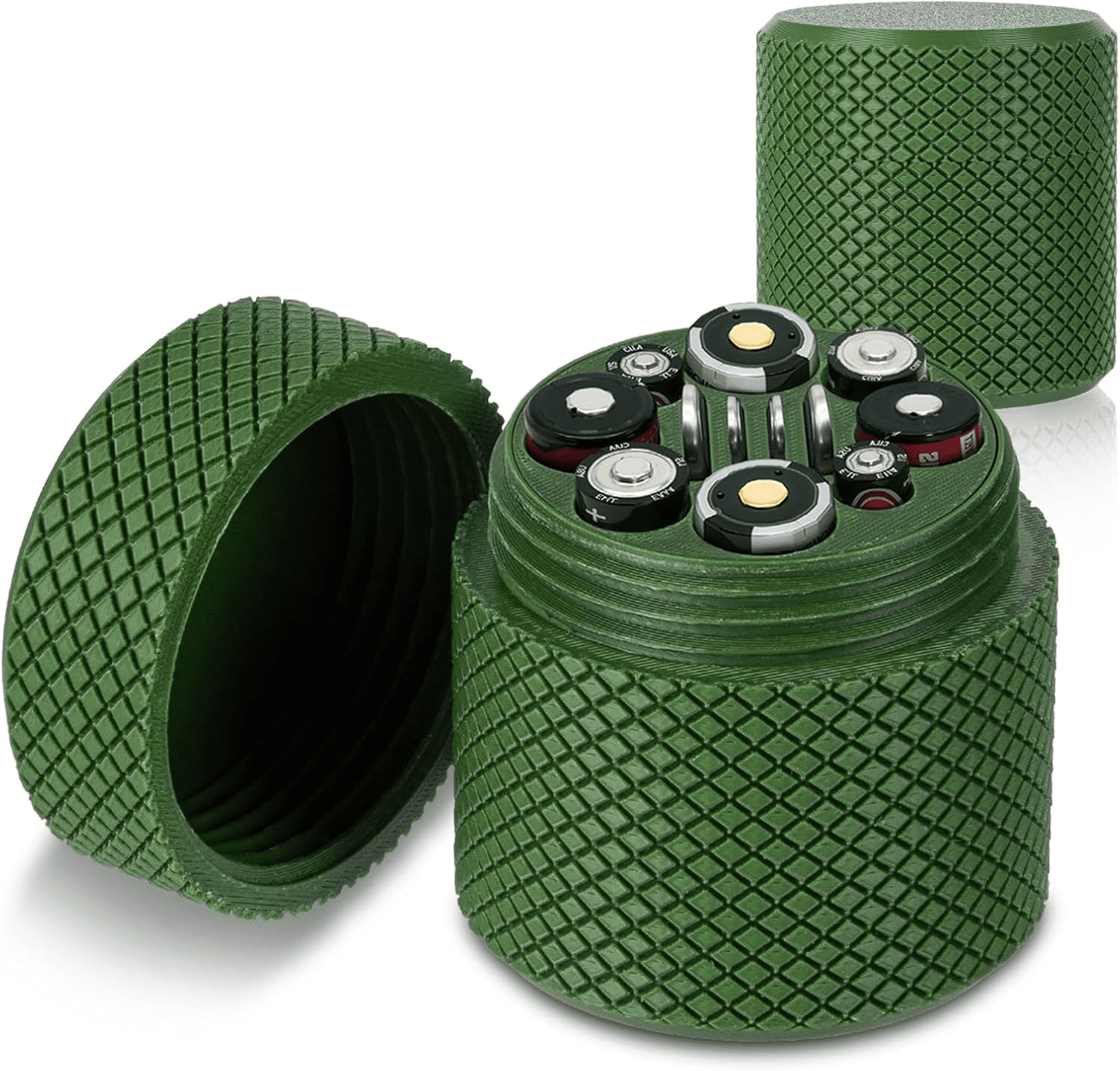 Waterproof Battery Storage Canister — Fits CR123A, CR2032/2016, CR1620/CR1632, AA & AAA | Removable Organizer with Hidden Compartment