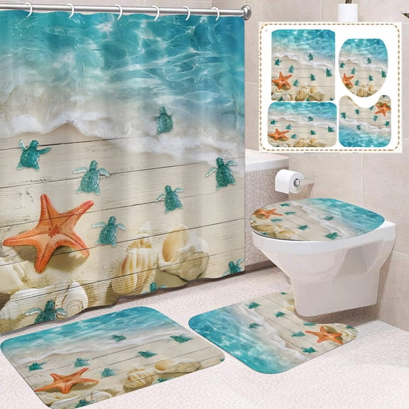 Waterproof Beach Series Shower Curtain Set of 4 Bathroom Decor with Mat Non-Slip Polyester Fabric for Home Hotel Apartment Modern Coastal Bath Accessories