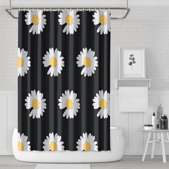 Waterproof Black Daisy Flower Shower Curtain 72x72 Inch Boho Style Polyester Unique Shower Curtain for Bathroom Hotel Home Decor with 12 Plastic Hooks