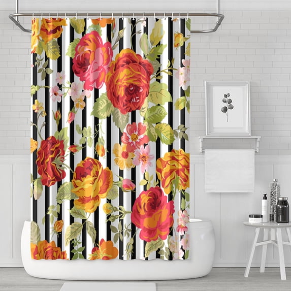 Waterproof Black Stripe Background Red Roses Shower Curtain 72x72 Inch Boho Style Polyester Unique Shower Curtain for Bathroom Hotel Home Decor with 12 Plastic Hooks