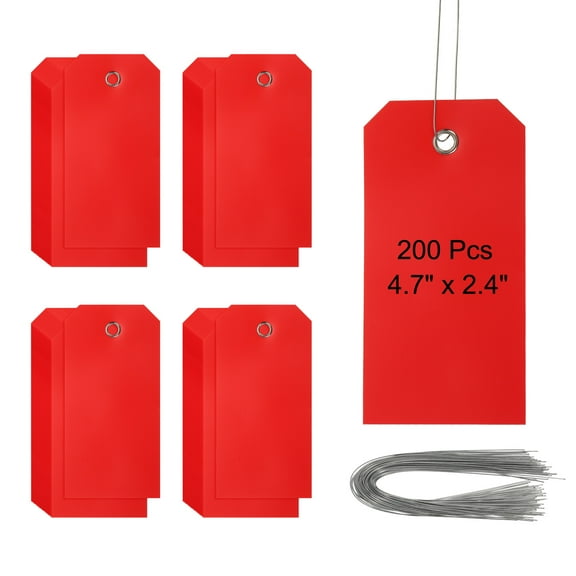 Waterproof Blank Plastic Shipping Tags with Wire 4 3/4" x 2 3/8" Hang Label Tags for Labeling Marking Auto Parts Luggage, Red 200 Pieces