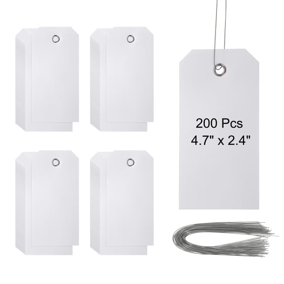 Waterproof Blank Plastic Shipping Tags with Wire 4 3/4" x 2 3/8" Hang Label Tags for Labeling Marking Auto Parts Luggage, White 200 Pieces
