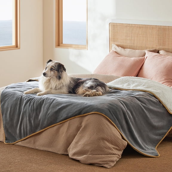 Waterproof Blanket for Bed, Couch, and Furniture Protection, 60 x 80-Inch Twin Size Reversible Sherpa Fleece Throw for Large Dogs and Cats, Washable Print Design